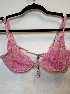 Victoria's Secret Hot Pink Lace Underwire Bra with Navy Straps